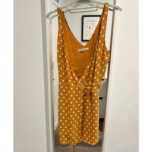 Reformation Anchorace Polka-Dot Georgette Mini Wrap Dress Mustard Size XS - Picture 2 of 7